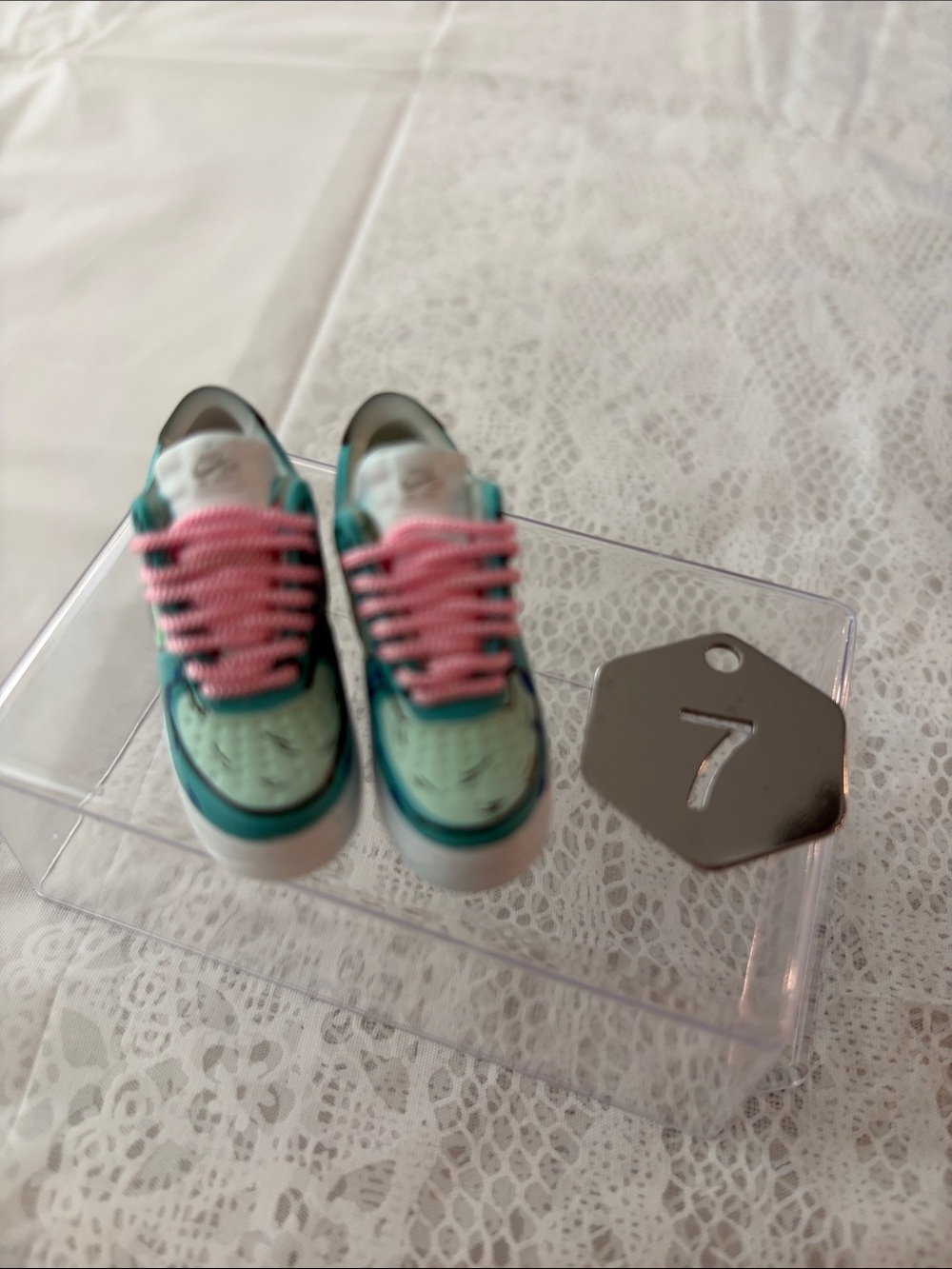 7, One Pair Nike Air Mint & white Sole Mini Sneaker W/Pink laces for Labubu Doll
